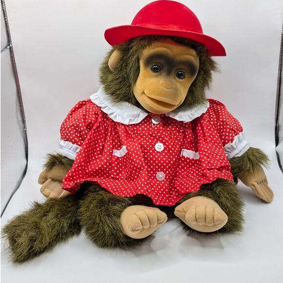 Vintage Hosung 1994 Chimp Monkey Polka Dot Red Dress with Hat Plush Puppet Toy - Picture 1 of 8